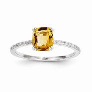 14k White Gold Diamond and Citrine Square Ring