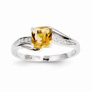 14k White Gold Diamond and Citrine Square Ring