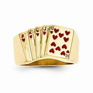 14k Yellow Gold Enameled Royal Flush in Hearts Mens Ring