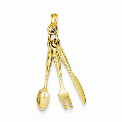 14k Gold Moveable Polished Knife, Fork and Spoon Pendant, Pendants for Necklace