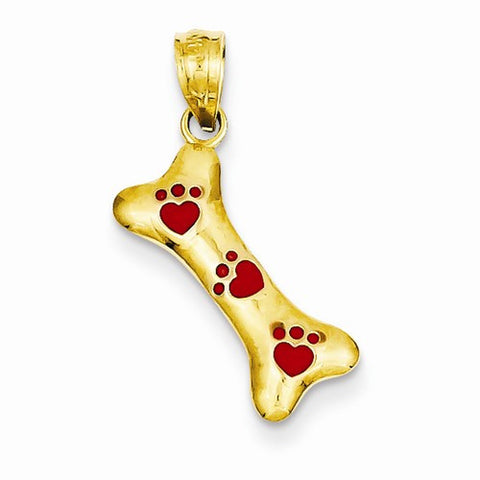 14k Yellow Gold Dog Bone with Red Enamel Paw Prints Pendant, Pendants for Necklace