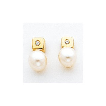 14k Yellow Gold Cultured Pearl CZ Earrings