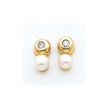 14k Yellow Gold Cultured Pearl CZ Earrings