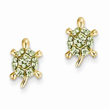 14k Yellow Gold Light Green Crystal Turtle Post Earrings