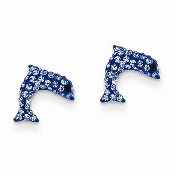 14k Yellow Gold Crystal Blue Dolphin Post Earrings