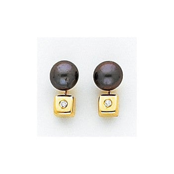 14k Yellow Gold Black Cultured Pearl CZ Earrings