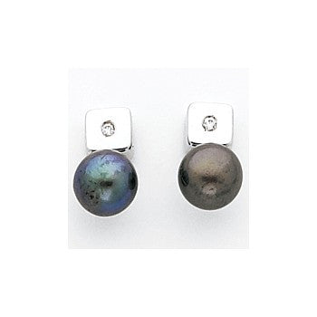 14k White Gold Fancy CZ Black Cultured Pearl Earrings