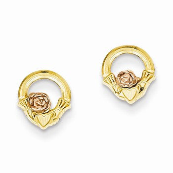 14k Two-tone Polished Diamond-Cut Satin Claddagh Post Earrings